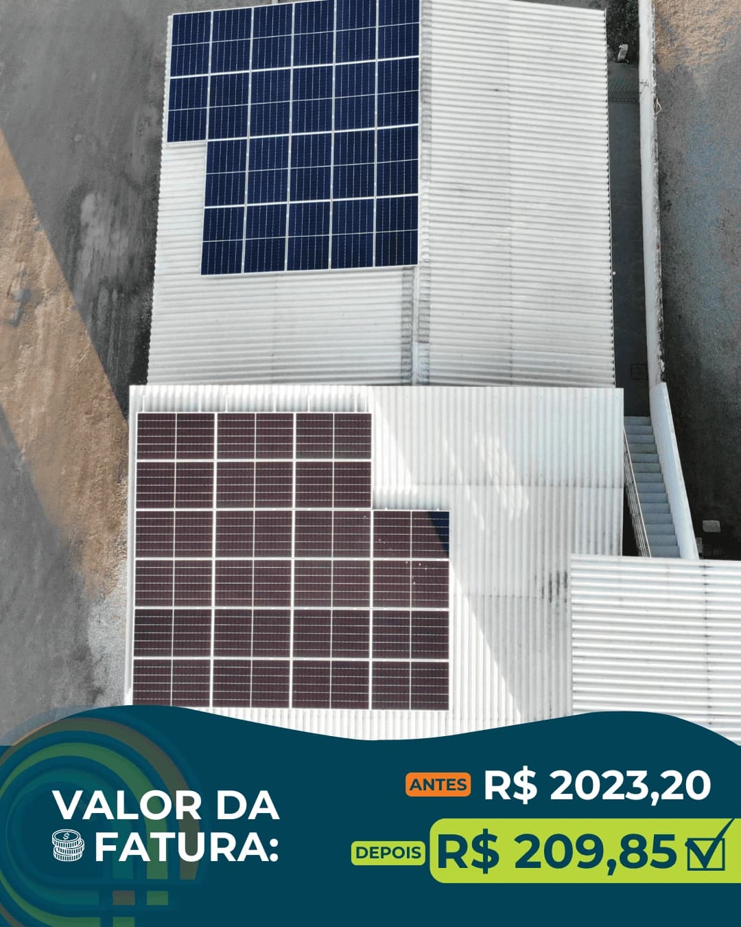 Projeto em Brusque-SC: 136 placas solares. Valor da fatura: antes R$ 2.023,20, depois R$ 209,85