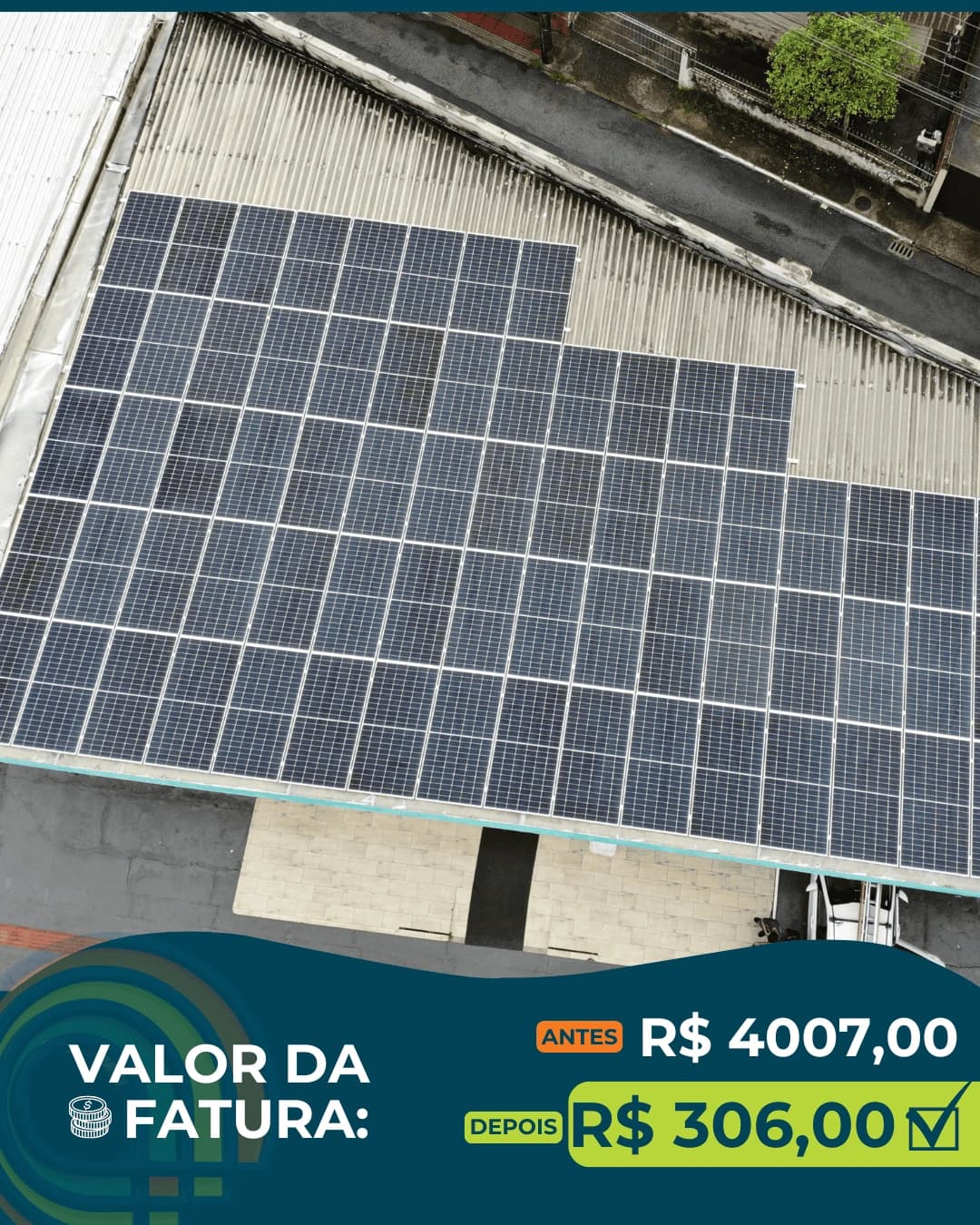 Comercial em Balneário Camboriú-SC: 68 placas solares. Valor da fatura: antes R$ 4.007,00, depois R$ 306,00