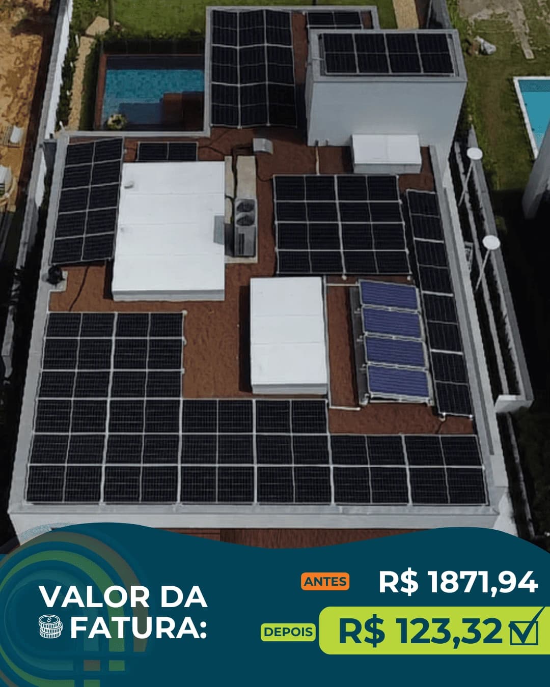 Usina de Solo em Penha-SC: 70 placas solares. Valor da fatura: antes R$ 1.871,94, depois R$ 123,32