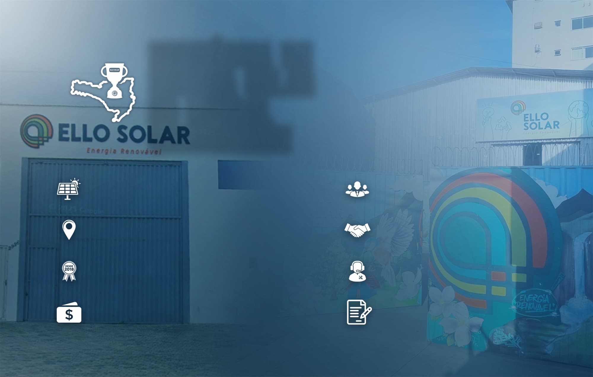 Fachadas da matriz da Ello Solar em Itajaí e da filial em Tubarão